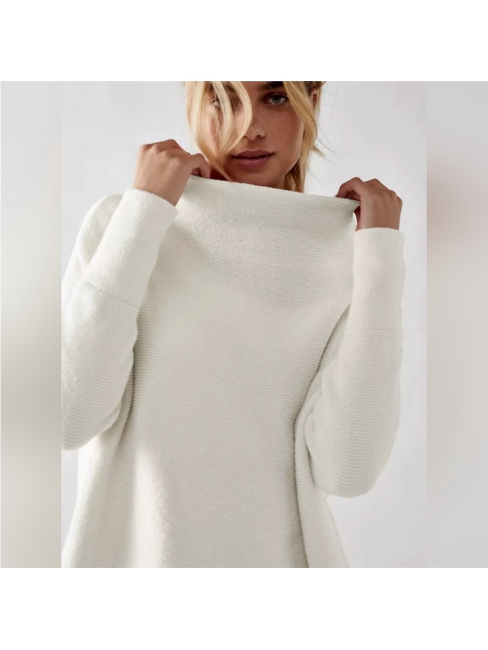 Free people White oversized ribbed Sweater funnel neck cotton ottoman slouch